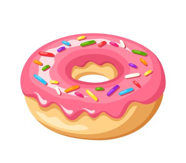 Çörek pembe sır ve renkli sprinkles. Vektör çizim.