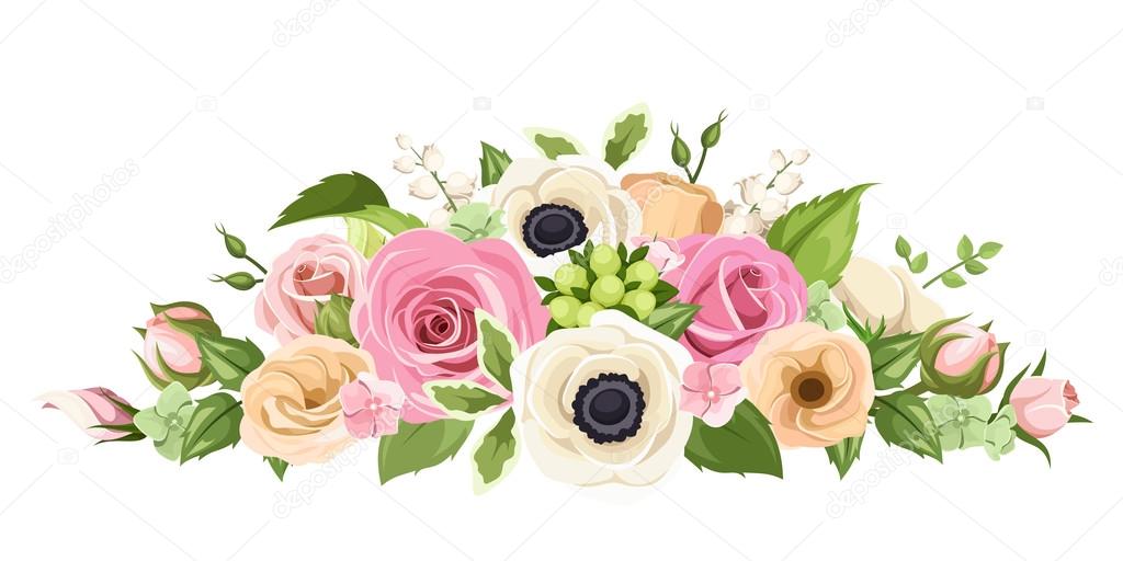 Pink, orange and white roses, lisianthuses, anemone flowers and green leaves. Vector illustration.