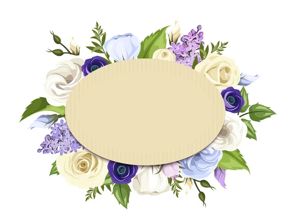 Carte en carton avec roses bleues, violettes et blanches, lisianthus, anémones et fleurs lilas. Vecteur eps-10 . — Image vectorielle