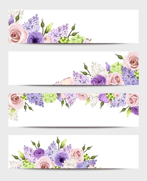 Banderas web con rosas rosadas, púrpuras y blancas y flores lila. Vector eps-10 . — Vector de stock