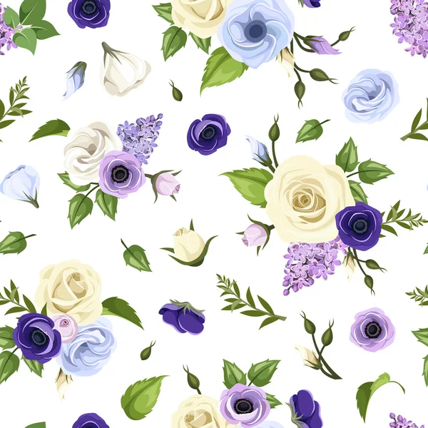 Seamless pattern with blue, purple and white roses, lisianthuses, anemones and lilac flowers. Vector illustration. — Stock Illustration Seamless pattern with blue, purple and white roses, lisianthuses, anemones and lilac flowers. Vector illustration. Royalty Free Stock Illustrations