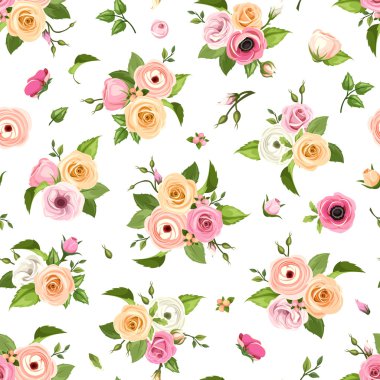 Seamless pattern with pink, orange and white roses, lisianthuses, anemones and ranunculus flowers. Vector illustration. clipart
