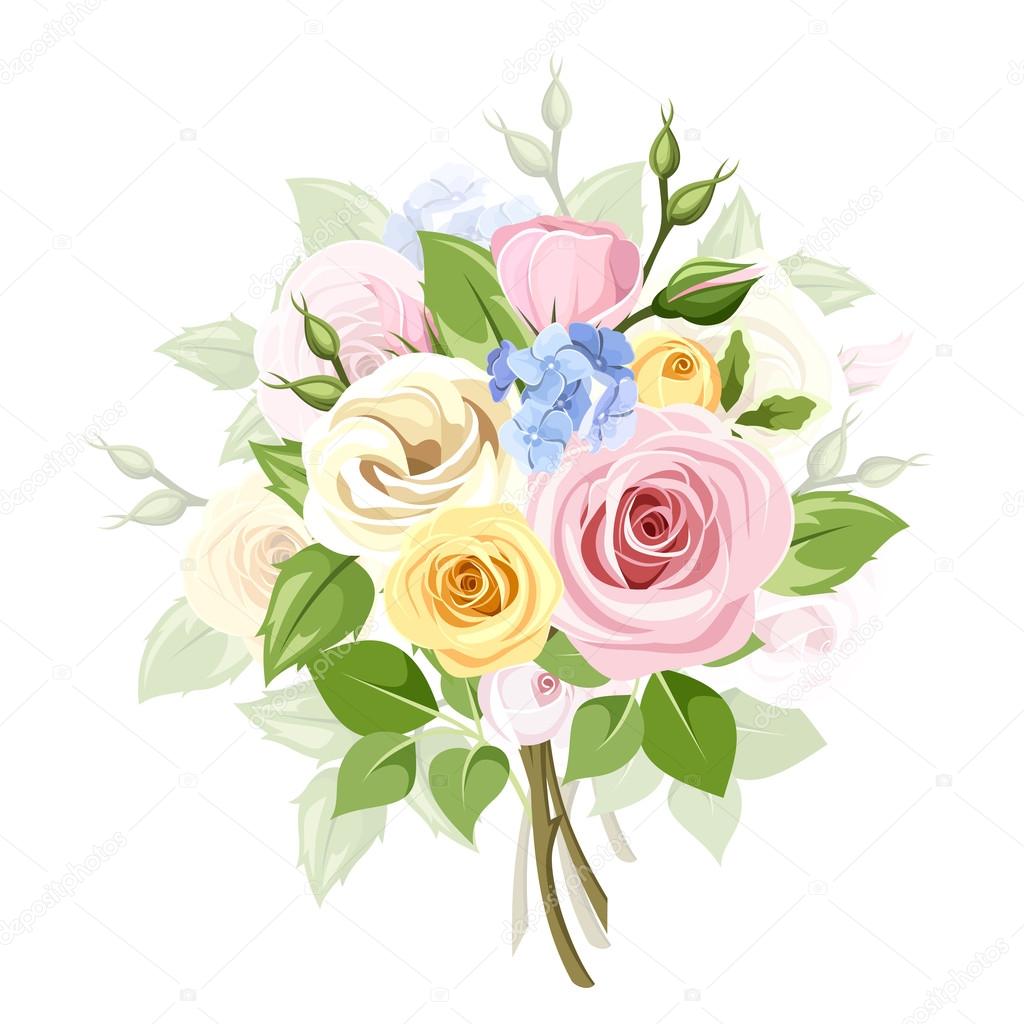 Bouquet of colorful roses, lisianthus and lilac flowers. Vector illustration.