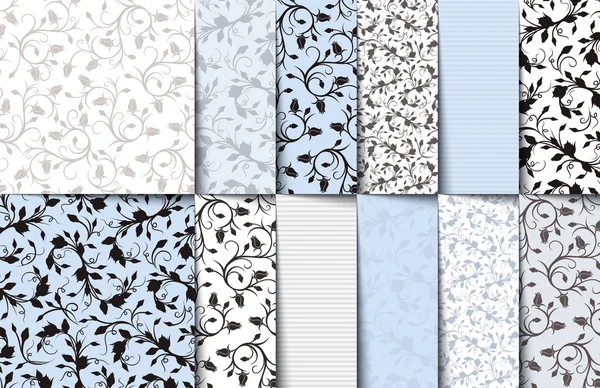 Set of blue, white and gray seamless floral patterns. Vector illustration. — Stockvector