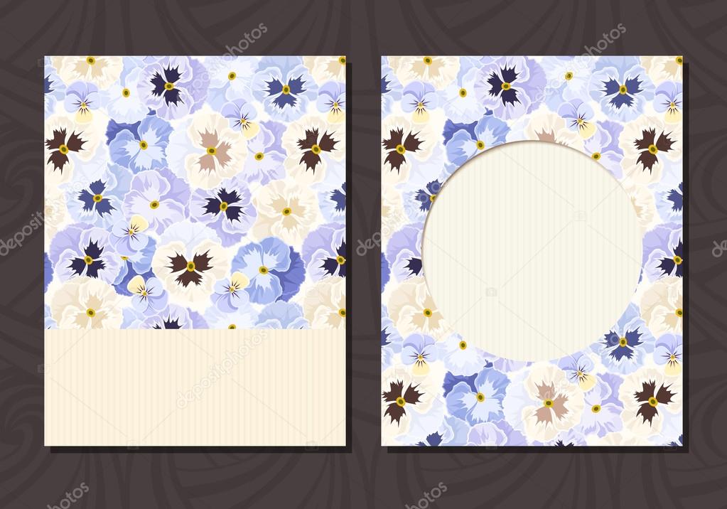 Flyer with blue and white pansy flowers. Vector eps-10.
