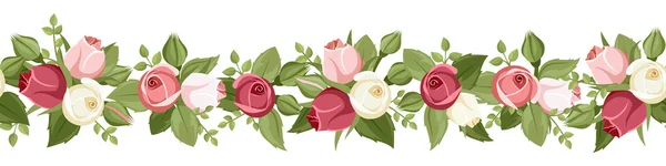 Horizontal seamless background with red, pink and white rose buds. Vector illustration. — Stockový vektor