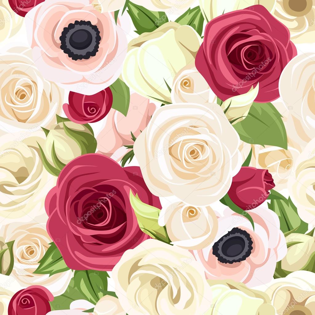 Seamless background with red, pink and white flowers. Vector illustration.