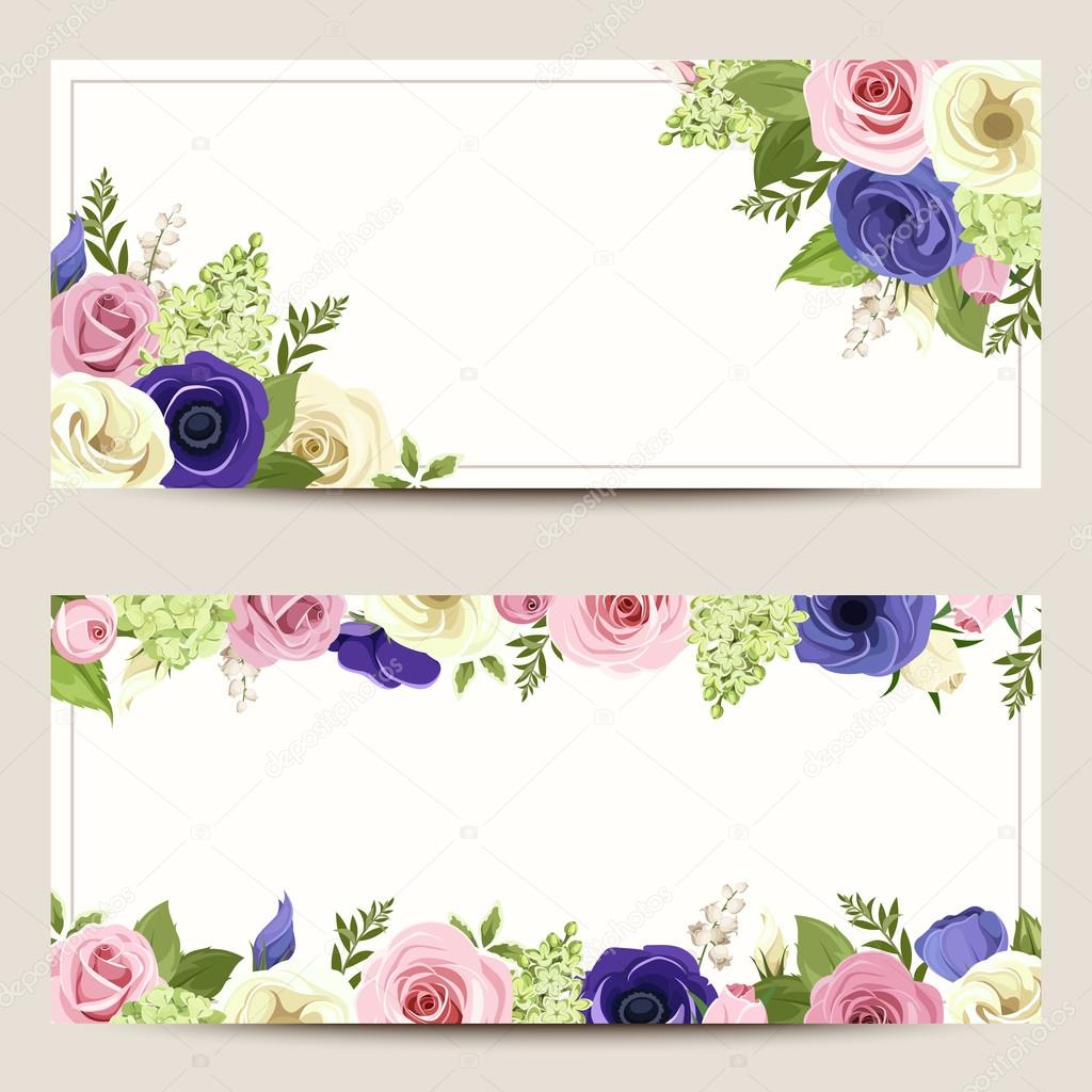 Invitation cards with colorful roses, lisianthuses and anemone flowers.