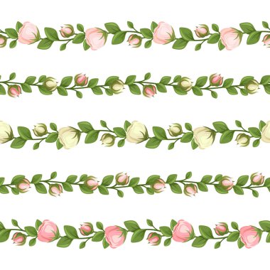 Pembe ve beyaz çiçekler ile yatay sorunsuz çelenk kümesi. Vektör çizim.