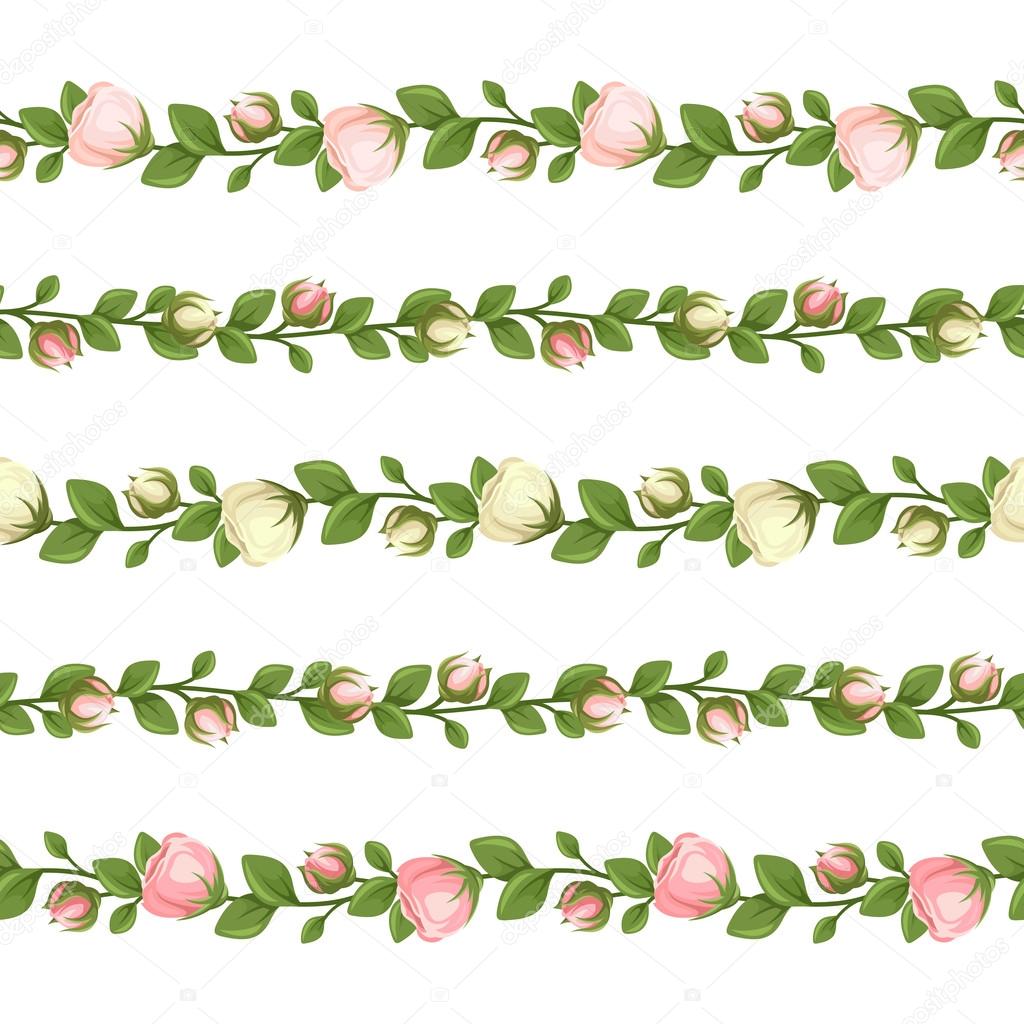 Set of horizontal seamless garlands with pink and white flowers. Vector illustration.