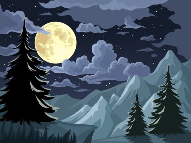 Ağaçlar, dağlar ve dolunay ile gece manzara. Vektör çizim.