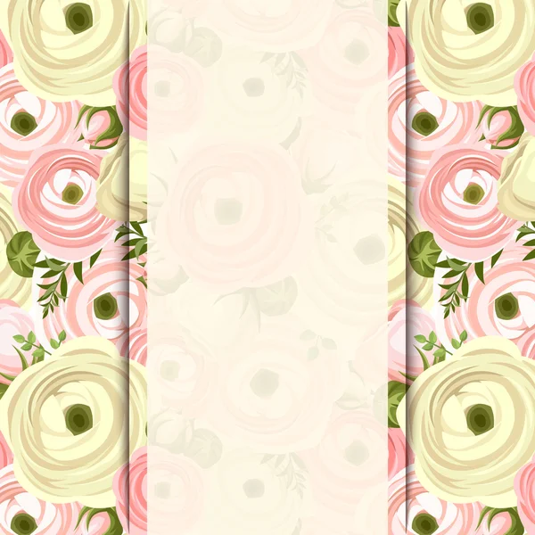 Carte vectorielle avec fleurs de ranunculus roses et blanches . — Image vectorielle