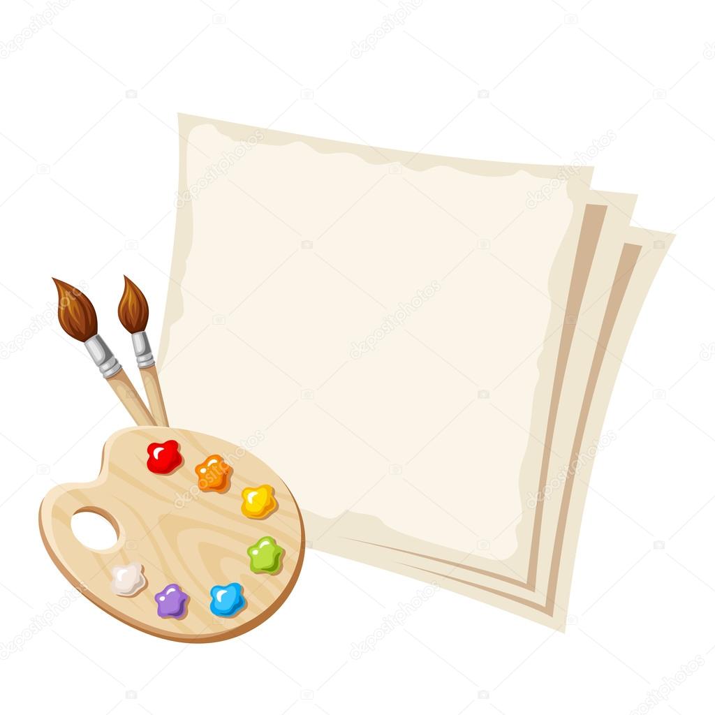 Art palette and paper sheets. Vector illustration.