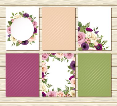 Set of flyers with colorful roses and lisianthus flowers. Vector illustration. clipart