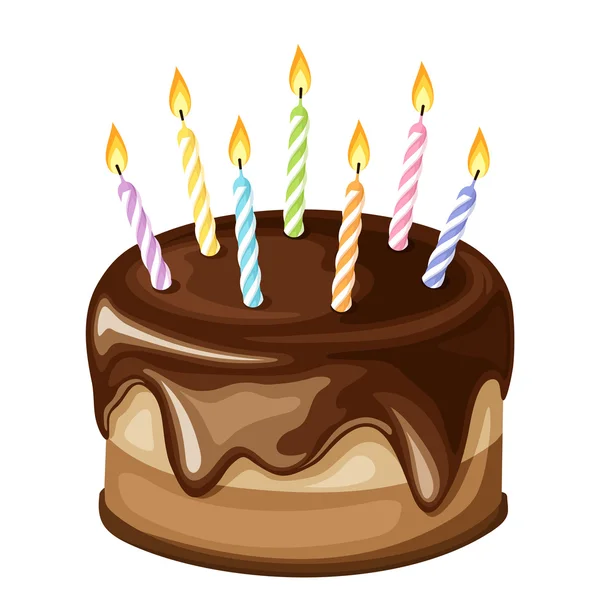 Pastel de cumpleaños de chocolate con velas. Ilustración vectorial . — Vector de stock