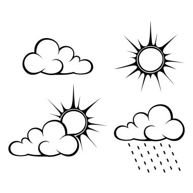 Siyah kontür bulutlar ve güneş. Vektör çizim.