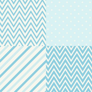 Dört mavi ve beyaz kesintisiz geometrik desenleri kümesi. Vektör çizim.