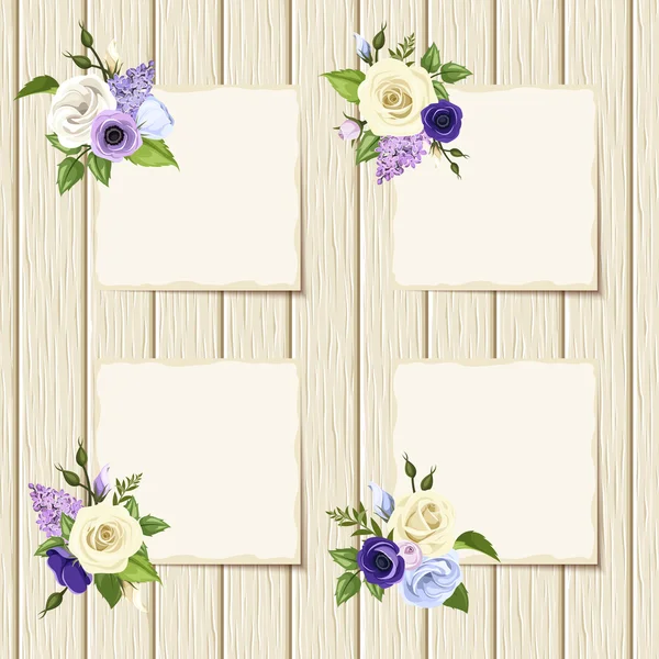 Cards with blue, purple and white flowers on a wooden background. Vector eps-10. — Stock Vector