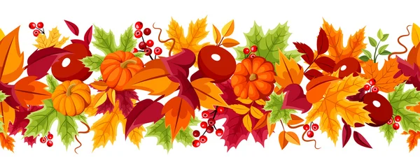 Horizontale naadloze achtergrond met pompoenen en kleurrijke herfst bladeren. Vectorillustratie. — Stockvector