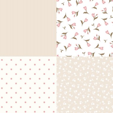 Sorunsuz çiçek ve geometrik pembe ve bej desenleri kümesi. Vektör çizim.