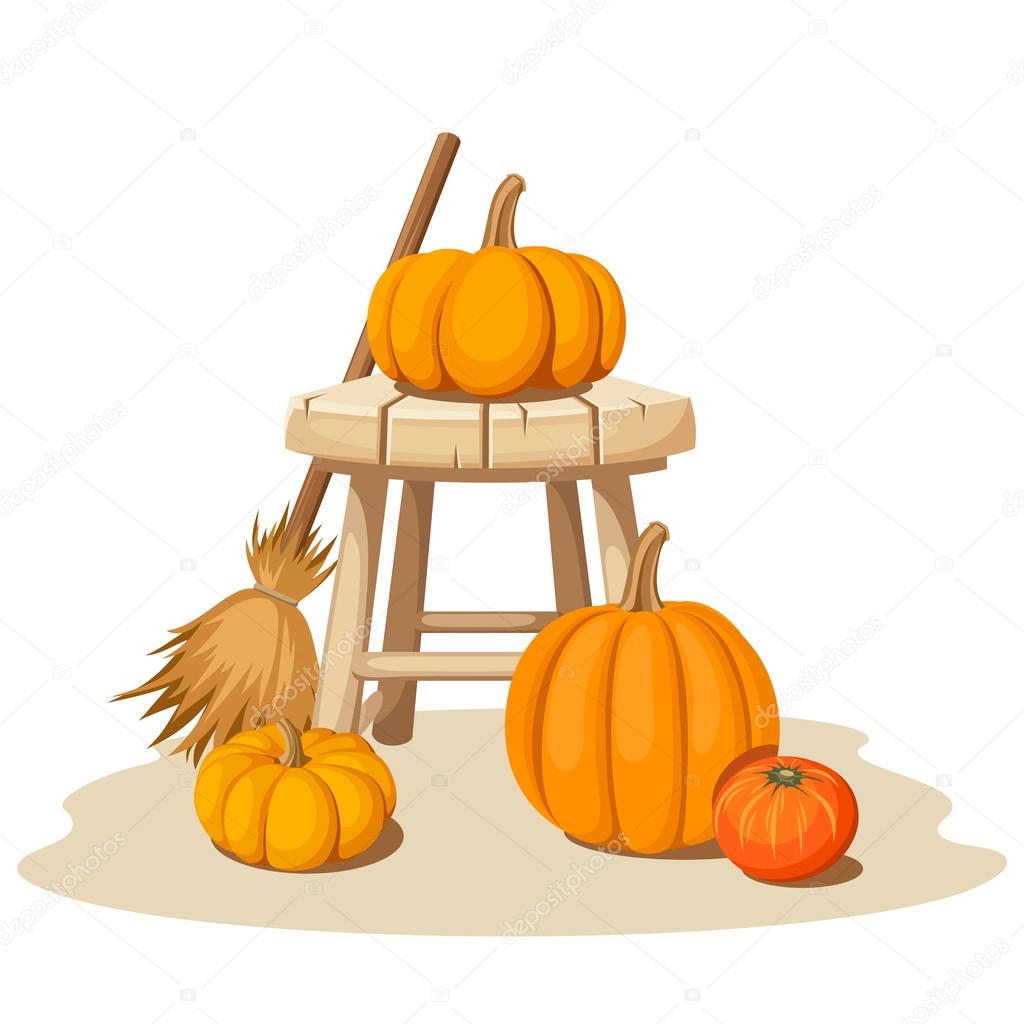 Still life with pumpkins and a wooden stool. Vector illustration.