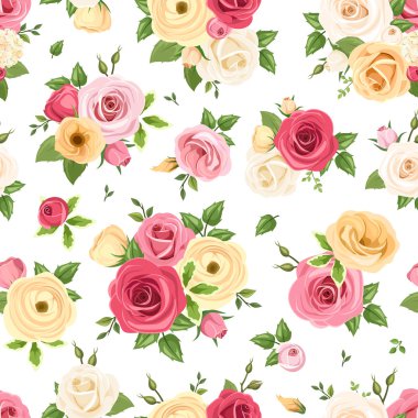 Dikişsiz desen renkli gül ve lisianthus çiçekli. Vektör çizim.