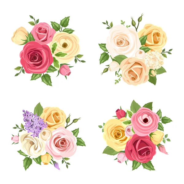 Buketter av färgglada blommor. Vector uppsättning av fyra illustrationer. — Stock vektor