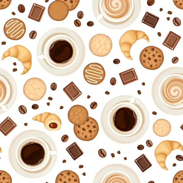 Bezešvé pozadí s šálky s kávou, fazole, cookies, croissanty a čokoládu. Vektorové ilustrace. — Stockový vektor