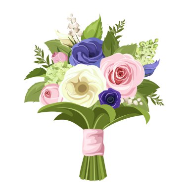 Bouquet of pink, white and blue flowers. Vector illustration. clipart