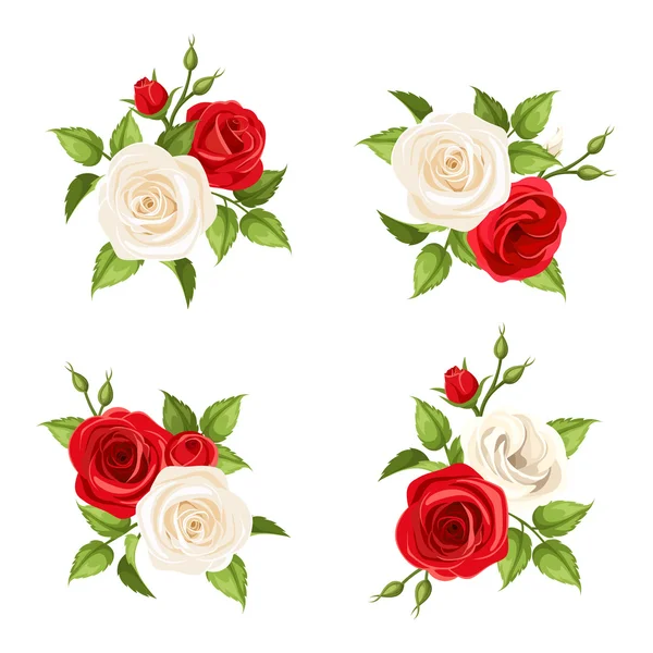 Bouquets de roses rouges et blanches. Ensemble vectoriel de quatre illustrations . — Image vectorielle