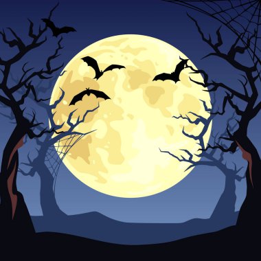 Cadılar Bayramı 'nda Ay, eğri büğrü ağaçlar ve yarasalar vardı. Vektör illüstrasyonu