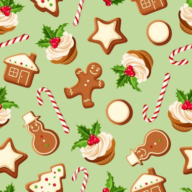 Zencefilli kurabiye, baston şeker ve Noel kekleri ile kusursuz bir Noel deseni. Çizgi film vektör tatil baskısı