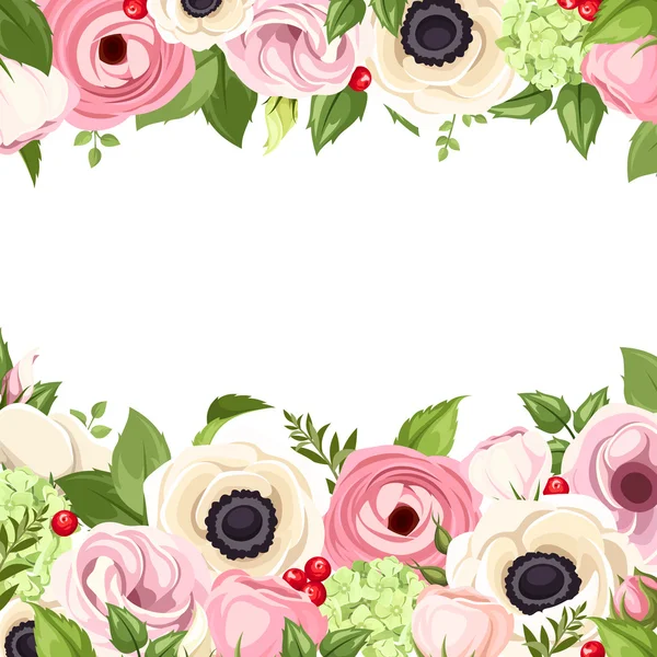 Background with pink and white flowers and green leaves. Vector illustration.