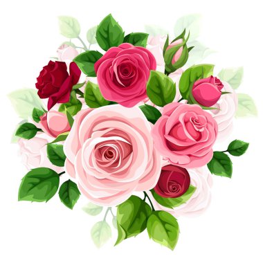 Gül buketi. Beyaz arka planda kırmızı ve pembe güller ve yeşil yapraklar. Vektör illüstrasyonu