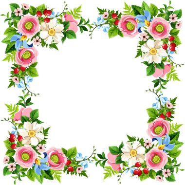 Pembe, beyaz ve mavi çiçekli, yeşil yapraklı ve böğürtlenli çiçek deseni. Vektör selamlaması veya davet kartı tasarımı