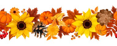 Yatay sorunsuz arka plan pumpkins, ayçiçeği ve sonbahar yaprakları ile. Vektör çizim.