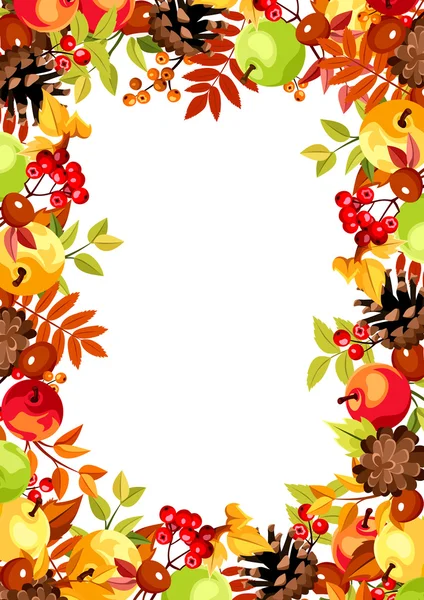 Sfondo con foglie autunnali colorate, mele e coni. Illustrazione vettoriale . — Vettoriale Stock