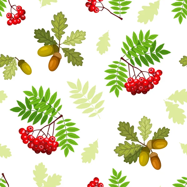 Seamless pattern with oak and rowan branches, leaves and berries. Vector illustration. — Stock Vector