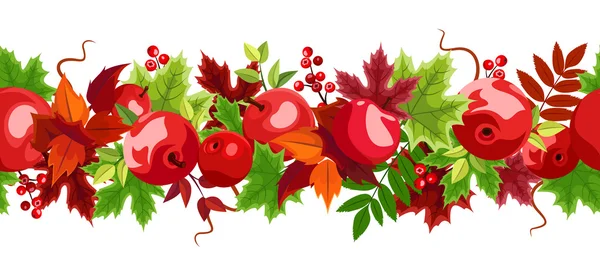 Horizontal seamless background with red apples and colorful autumn leaves. Vector illustration. — Stock Vector