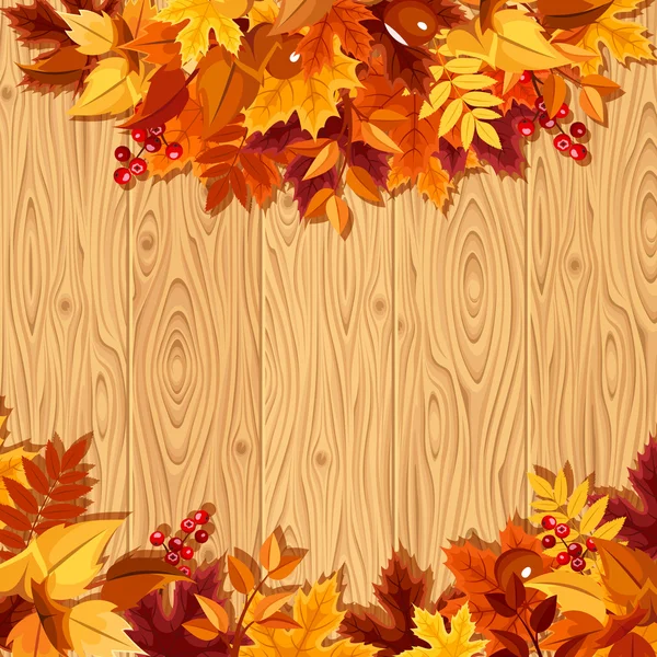 Hojas coloridas de otoño sobre un fondo de madera. Ilustración vectorial . — Vector de stock