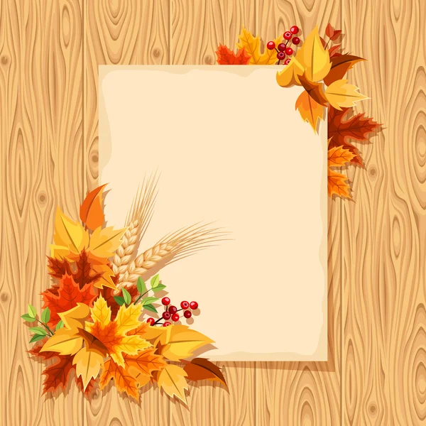 Vektor kort med färgstarka hösten lämnar på en trä bakgrund. — Stock vektor