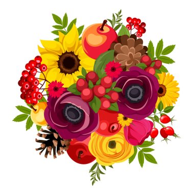 Autumn bouquet with flowers, berries, apples, cones and leaves. Vector illustration.