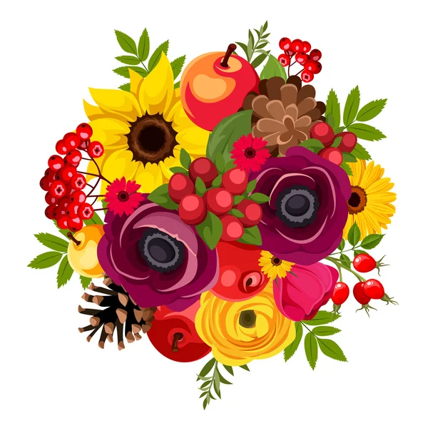 Bouquet d'automne avec fleurs, baies, pommes, cônes et feuilles. Illustration vectorielle . — Image vectorielle