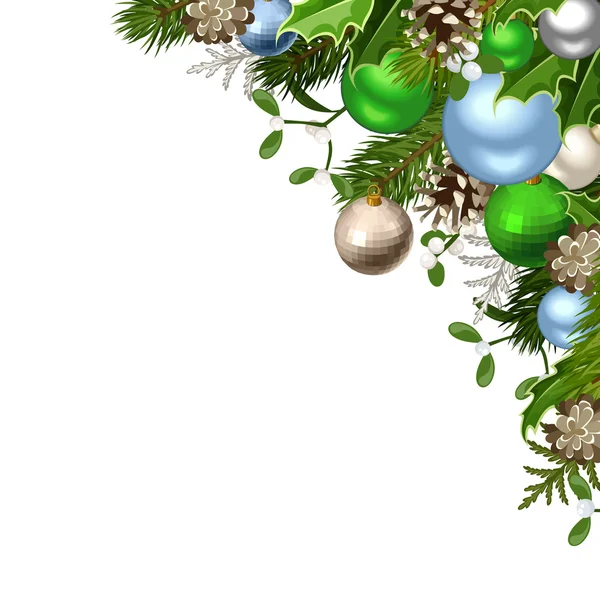 Kerstmis achtergrond met groene, blauwe en zilveren decoraties. Vectorillustratie. — Stockvector