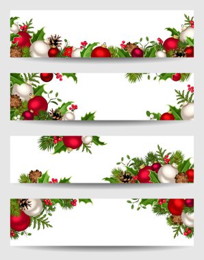 Kırmızı, beyaz ve yeşil Noel süslemeleri ile vektör afiş.