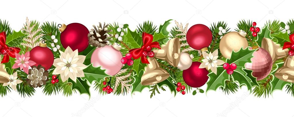 Christmas seamless garland with balls, bells, holly, poinsettia and cones. Vector illustration.
