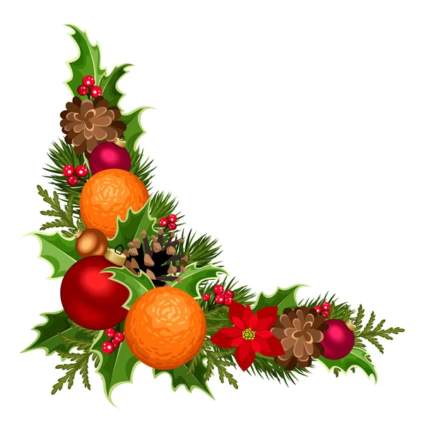 Christmas decorative corner with balls, holly, poinsettia, cones and oranges. Vector illustration. — Stock Vector