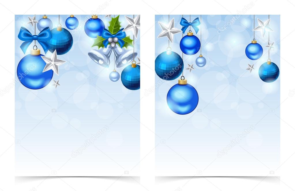 Flyers with blue Christmas balls, bells, stars and sparkles. Vector eps-10.