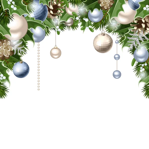 Χριστούγεννα φόντο με μπλε και ασημί μπάλες, κώνους, κλαδιά έλατου, ελαιόπρινο και ένα γκι. Διανυσματικών eps-10. — Διανυσματικό Αρχείο