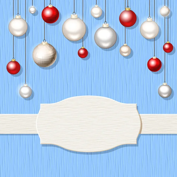 Weihnachten blauer Holzhintergrund mit roten und silbernen Kugeln. — Stockvektor